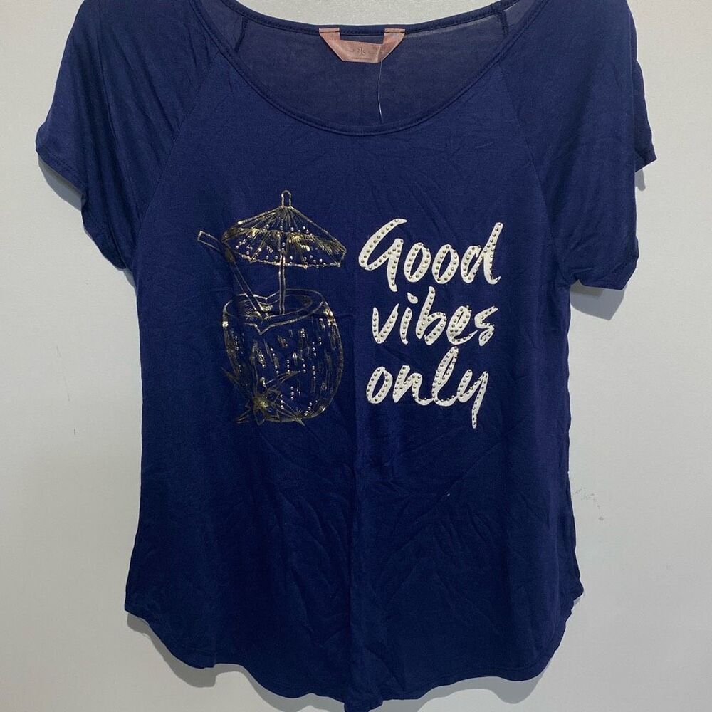 SJS Women's Navy Blue Good Vibes Only Short Sleeve T-Shirt Petite Small NWT